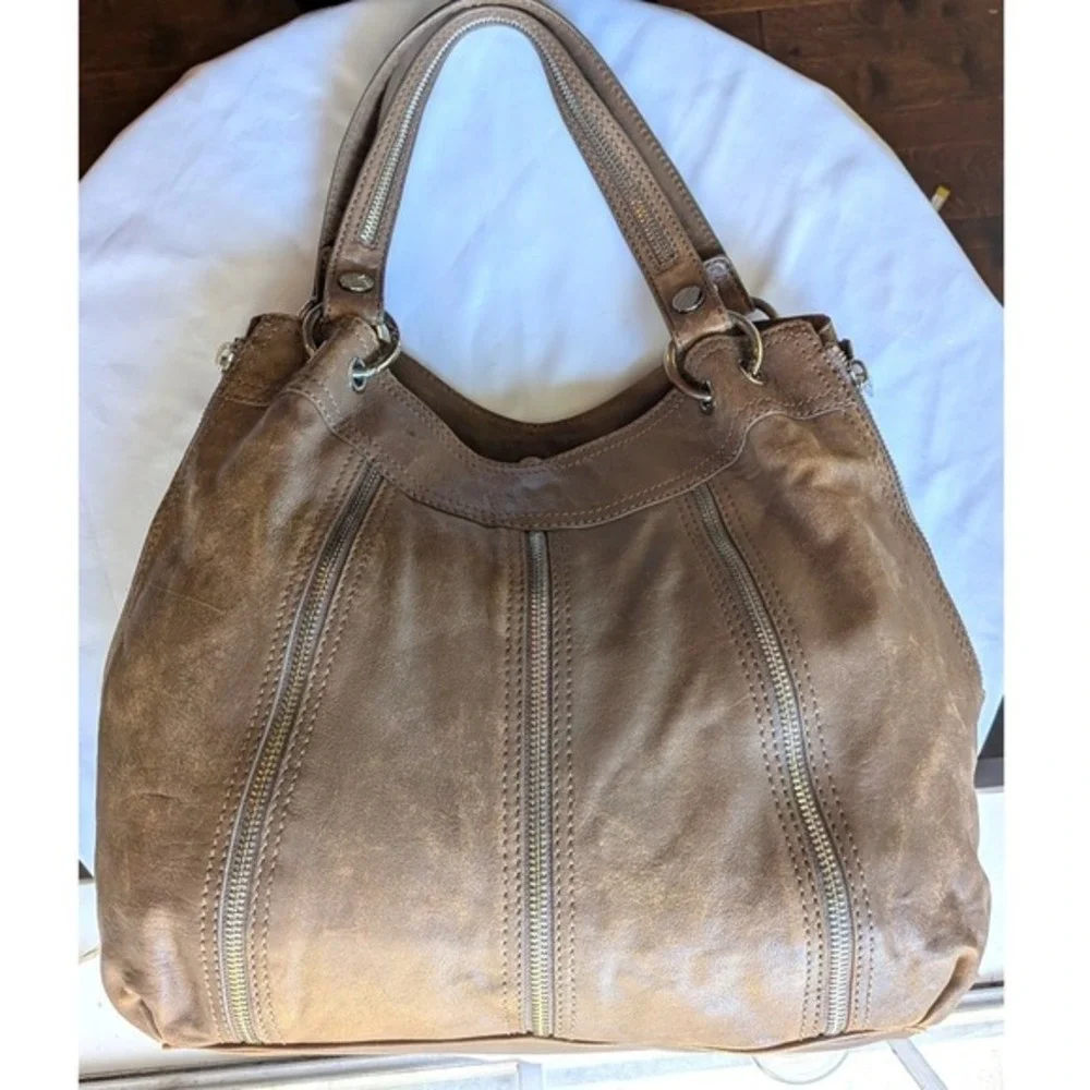 Michael Kors Hobo Shoulder Bag Side Expandable Zippers Distressed Leather Beige